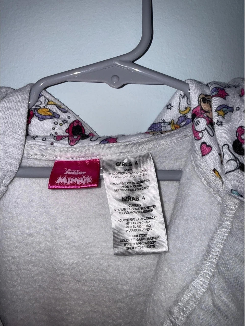 Girls Size 4 Minnie Mouse Grey Hooded Zip-Up Sweatshirt